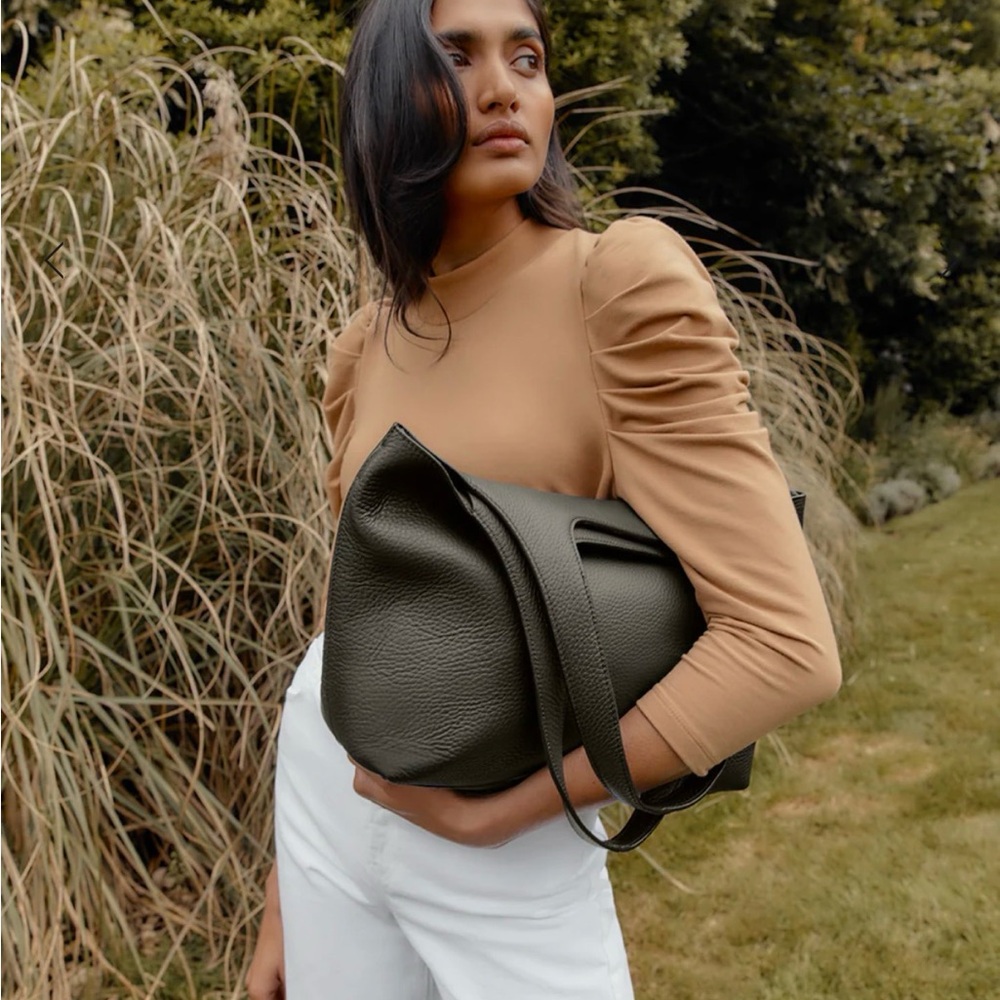 Cuyana System Tote in Dark Olive  with 13” Laptop Sleeve in Stone